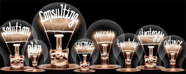 Light bulbs spelling out solution, plan, consulting etc